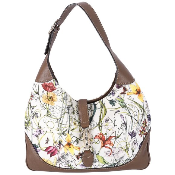 GUCCI Flora Jackie Shoulder Bag 277520 White Brown Multi Canvas Leather - Picture 1 of 9